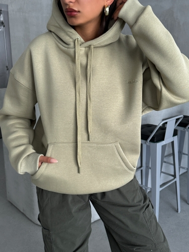 SWT-14266 Haki Pure White Yazı Baskılı Kapüşonlu Üç İplik Şardonlu Sweatshirt - 2