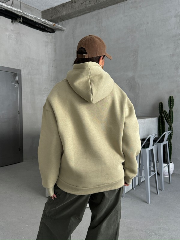 SWT-14266 Haki Pure White Yazı Baskılı Kapüşonlu Üç İplik Şardonlu Sweatshirt - 8