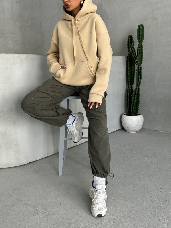 SWT-14266 Vizon Pure White Yazı Baskılı Kapüşonlu Üç İplik Şardonlu Sweatshirt - 4