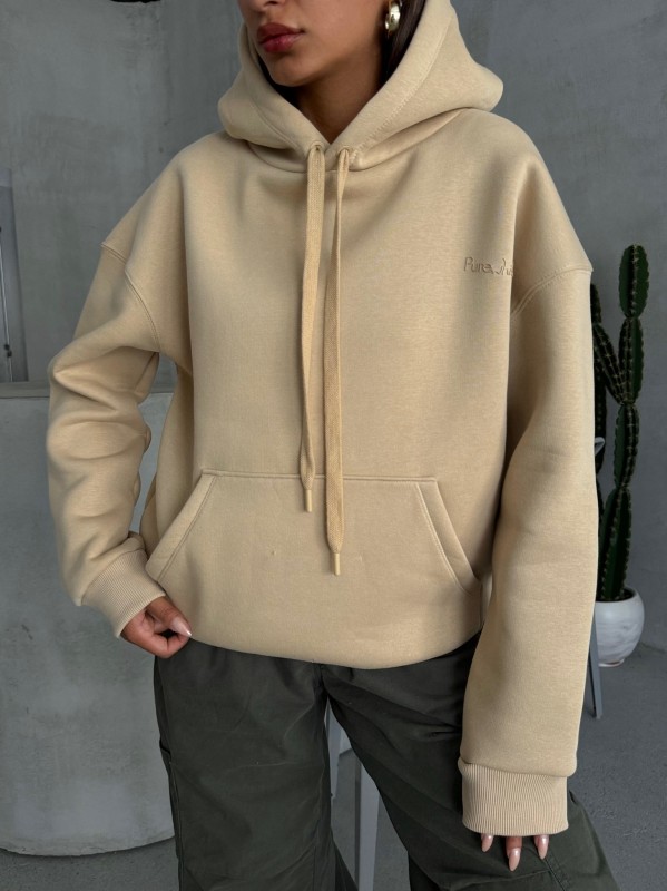 SWT-14266 Vizon Pure White Yazı Baskılı Kapüşonlu Üç İplik Şardonlu Sweatshirt - 2