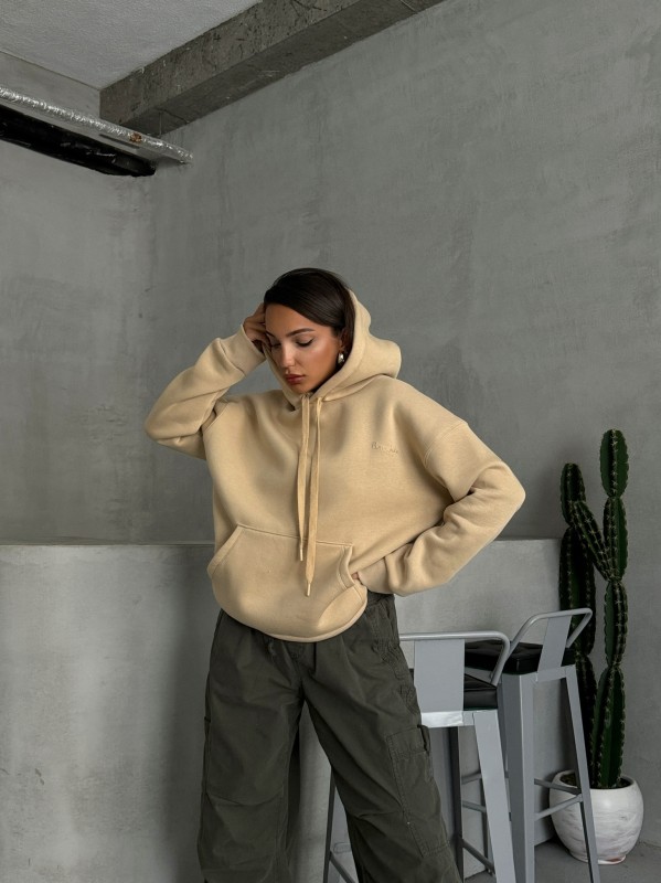 SWT-14266 Vizon Pure White Yazı Baskılı Kapüşonlu Üç İplik Şardonlu Sweatshirt - 1
