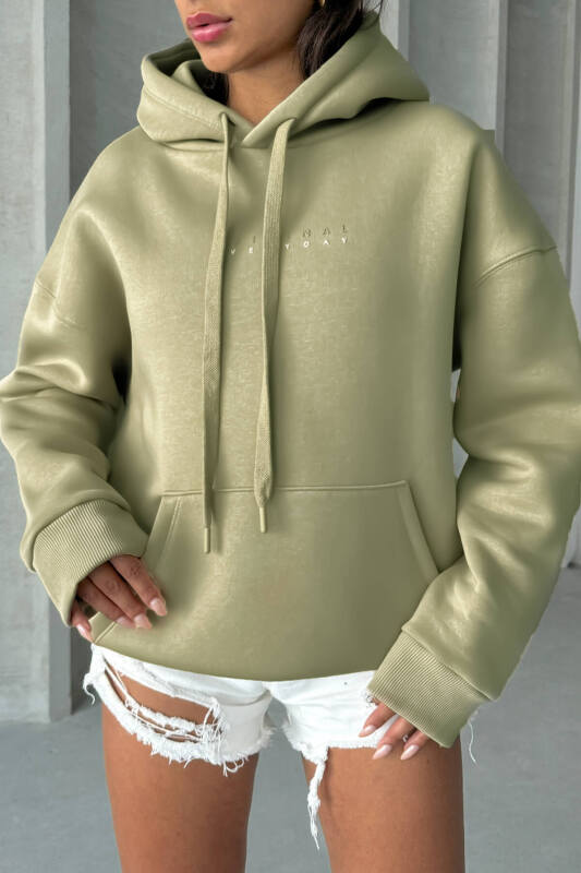 SWT-14267 Haki Orijinal Yazı Baskılı Kapüşonlu Üç İplik Şardonlu Sweatshirt - 2