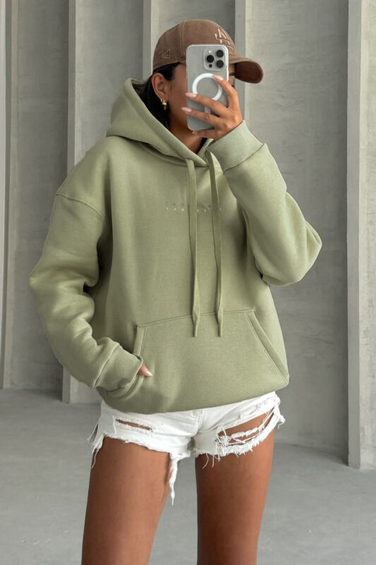 SWT-14267 Haki Orijinal Yazı Baskılı Kapüşonlu Üç İplik Şardonlu Sweatshirt - 1