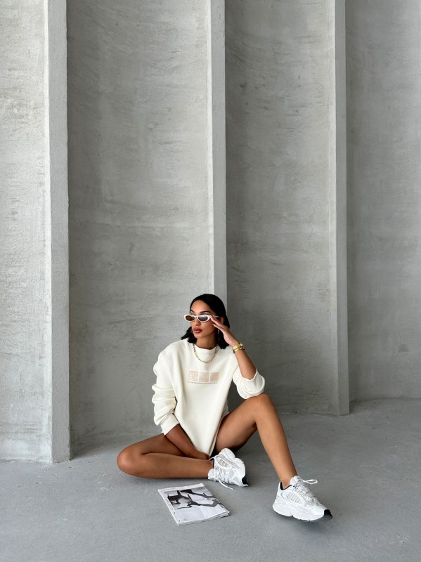 SWT-14268 Krem Rengi Motif Desen Kabartma Baskılı Üç İplik Şardonlu Basic Sweatshirt - 6