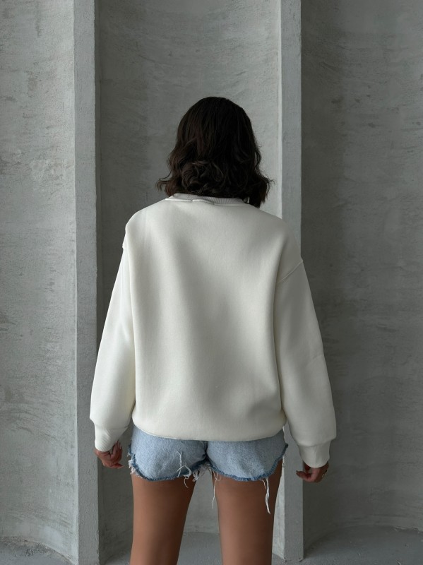 SWT-14268 Krem Rengi Motif Desen Kabartma Baskılı Üç İplik Şardonlu Basic Sweatshirt - 8