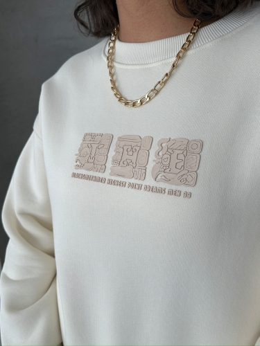 SWT-14268 Krem Rengi Motif Desen Kabartma Baskılı Üç İplik Şardonlu Basic Sweatshirt - 3
