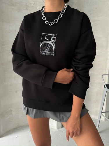SWT-14269 Siyah Bisiklet Kabartma Baskılı Üç İplik Şardonlu Basic Sweatshirt - 2