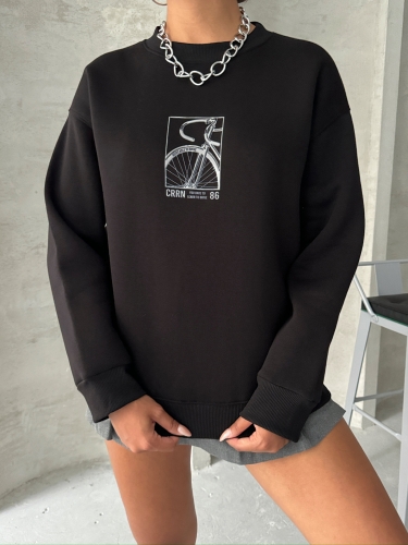 SWT-14269 Siyah Bisiklet Kabartma Baskılı Üç İplik Şardonlu Basic Sweatshirt - 6