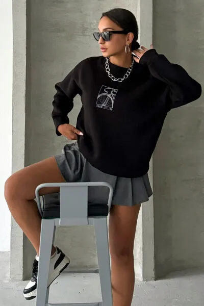 SWT-14269 Siyah Bisiklet Kabartma Baskılı Üç İplik Şardonlu Basic Sweatshirt - 1