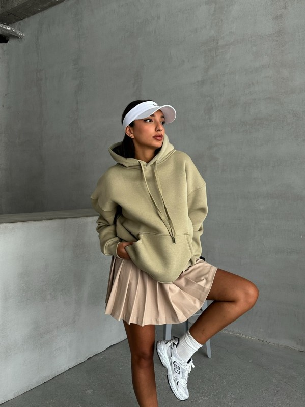 SWT-14270 Haki Kapüşonlu Kanguru Cepli Üç İplik Şardonlu Sweatshirt - 5