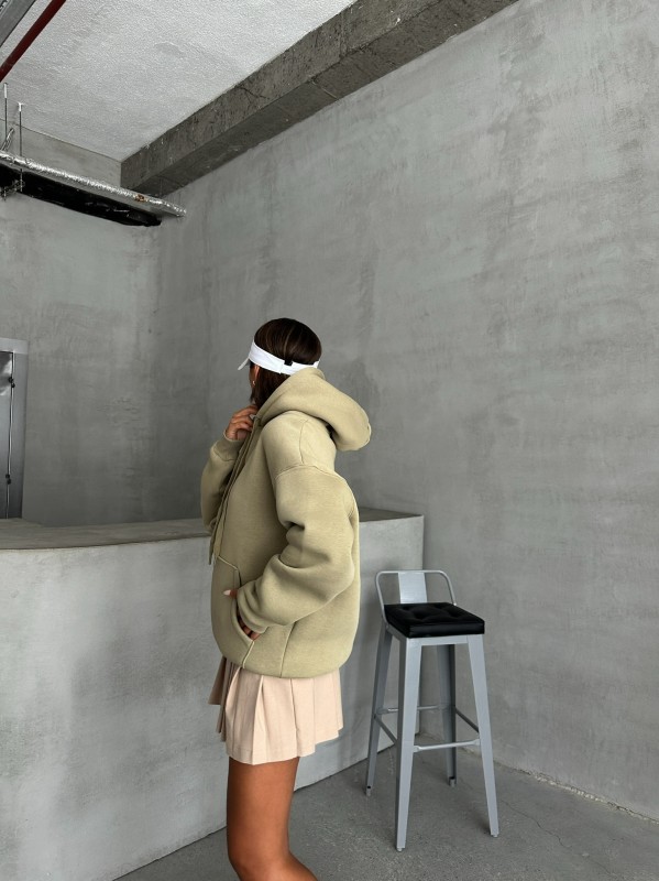 SWT-14270 Haki Kapüşonlu Kanguru Cepli Üç İplik Şardonlu Sweatshirt - 6