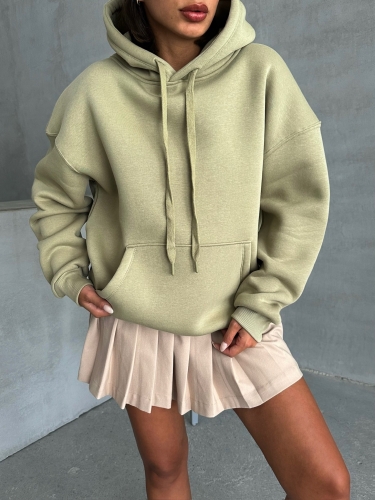 SWT-14270 Haki Kapüşonlu Kanguru Cepli Üç İplik Şardonlu Sweatshirt 