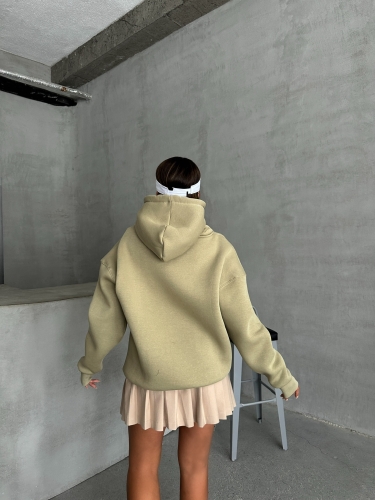 SWT-14270 Haki Kapüşonlu Kanguru Cepli Üç İplik Şardonlu Sweatshirt - 8