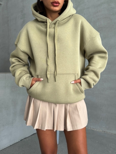 SWT-14270 Haki Kapüşonlu Kanguru Cepli Üç İplik Şardonlu Sweatshirt - 4
