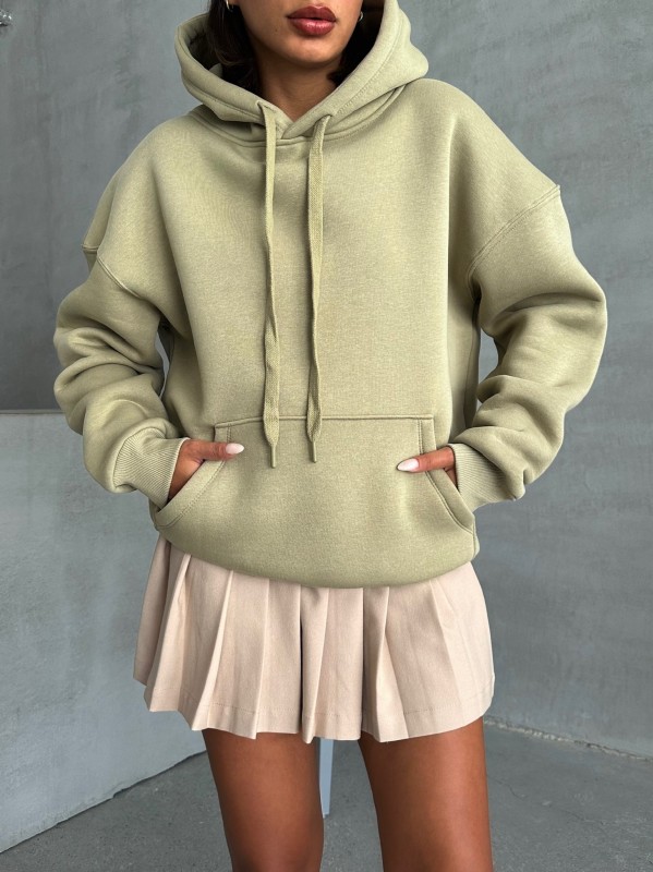 SWT-14270 Haki Kapüşonlu Kanguru Cepli Üç İplik Şardonlu Sweatshirt - 4