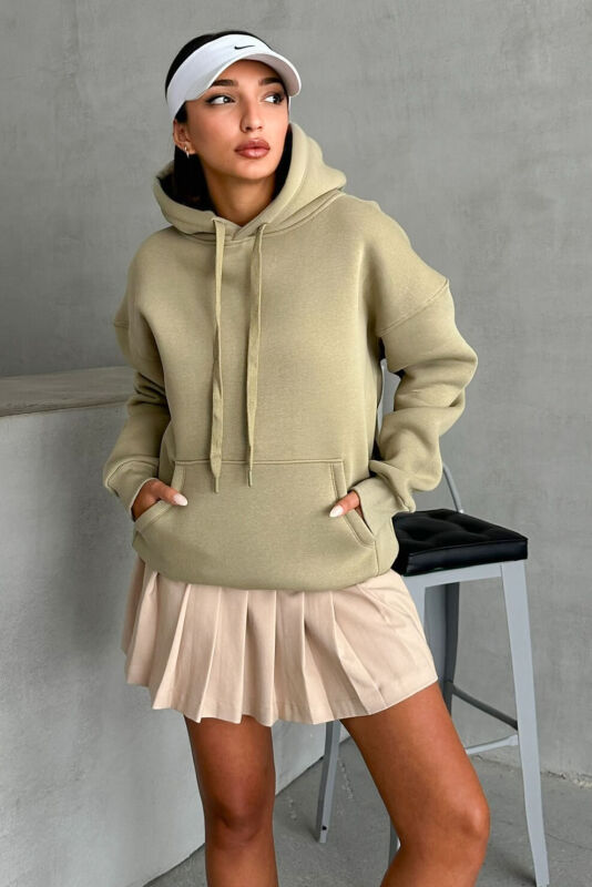 SWT-14270 Haki Kapüşonlu Kanguru Cepli Üç İplik Şardonlu Sweatshirt - 1