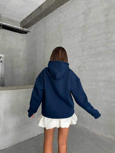 SWT-14270 Lacivert Kapüşonlu Kanguru Cepli Üç İplik Şardonlu Sweatshirt - 7