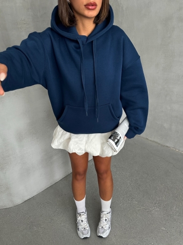 SWT-14270 Lacivert Kapüşonlu Kanguru Cepli Üç İplik Şardonlu Sweatshirt - 4