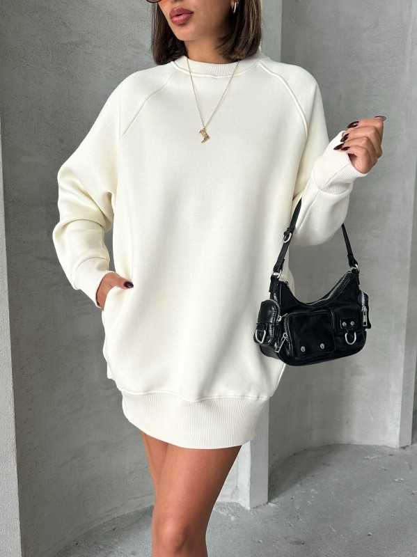 SWT-14271 Ekru Cepli Oversize Üç İplik Basic Sweatshirt - 2