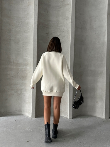 SWT-14271 Ekru Cepli Oversize Üç İplik Basic Sweatshirt - 8