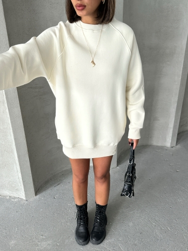 SWT-14271 Ekru Cepli Oversize Üç İplik Basic Sweatshirt - 4
