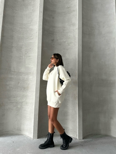 SWT-14271 Ekru Cepli Oversize Üç İplik Basic Sweatshirt - 5