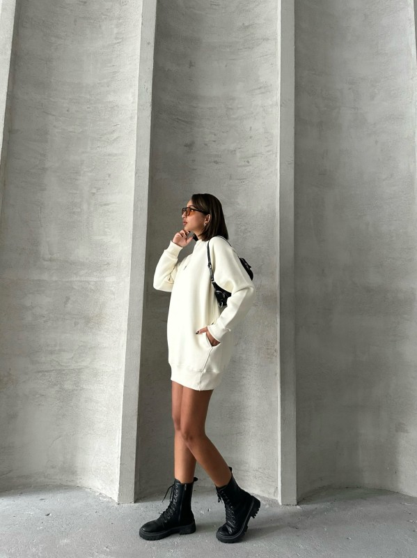 SWT-14271 Ekru Cepli Oversize Üç İplik Basic Sweatshirt - 5