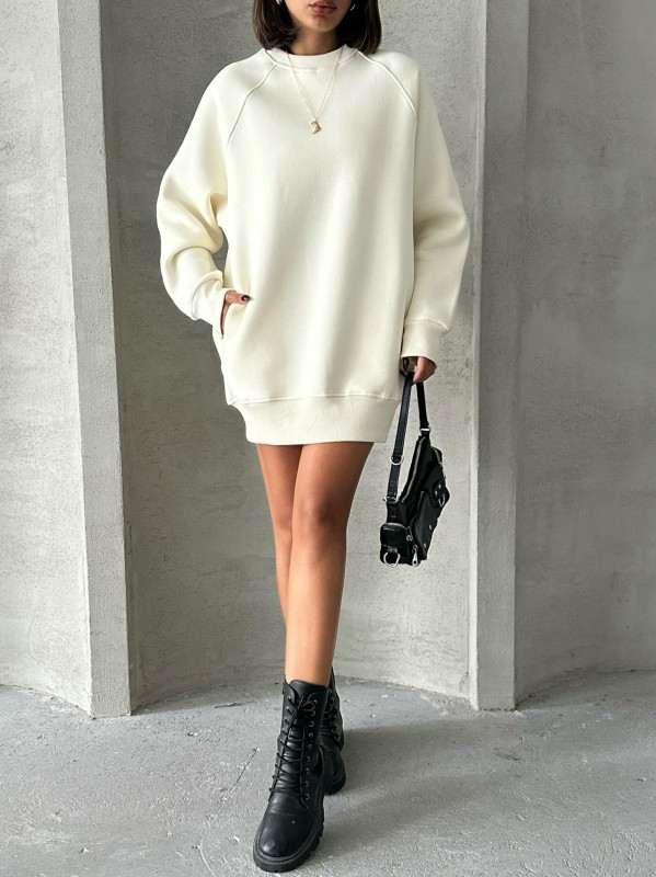 SWT-14271 Ekru Cepli Oversize Üç İplik Basic Sweatshirt - 6