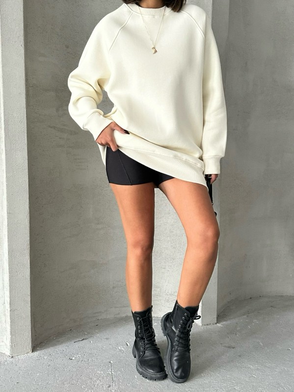 SWT-14271 Ekru Cepli Oversize Üç İplik Basic Sweatshirt - 7
