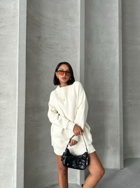 SWT-14271 Ekru Cepli Oversize Üç İplik Basic Sweatshirt - 1