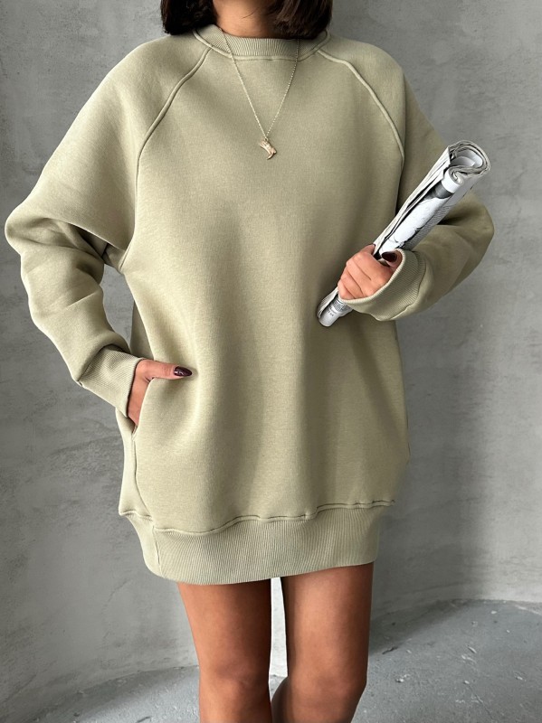 SWT-14271 Haki Cepli Oversize Üç İplik Basic Sweatshirt - 2
