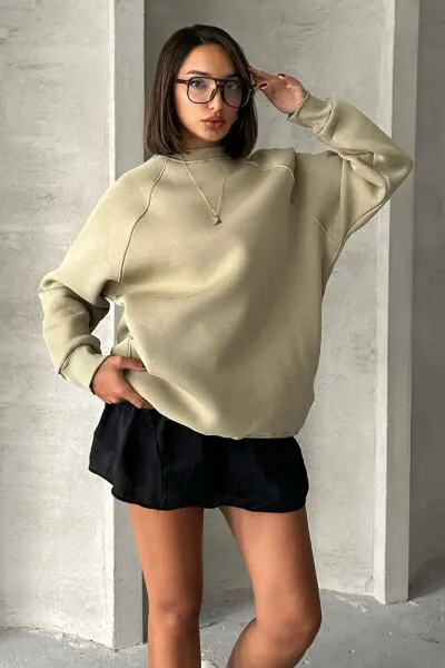 SWT-14271 Haki Cepli Oversize Üç İplik Basic Sweatshirt 