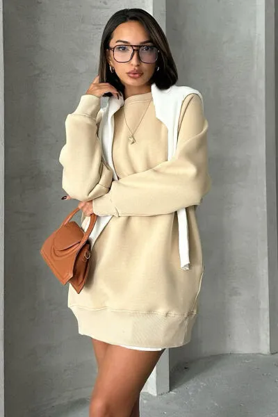 SWT-14271 Vizon Cepli Oversize Üç İplik Basic Sweatshirt - 1
