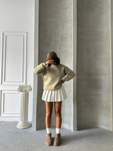 SWT-14272 Haki Born Kabartma Tasarım Yazı Baskılı Üç İplik Şardonlu Oversize Sweatshirt - 3