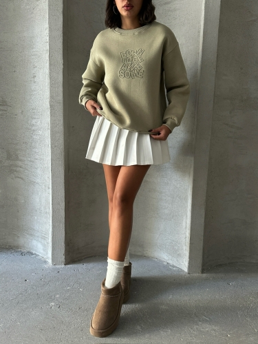 SWT-14272 Haki Born Kabartma Tasarım Yazı Baskılı Üç İplik Şardonlu Oversize Sweatshirt - 5