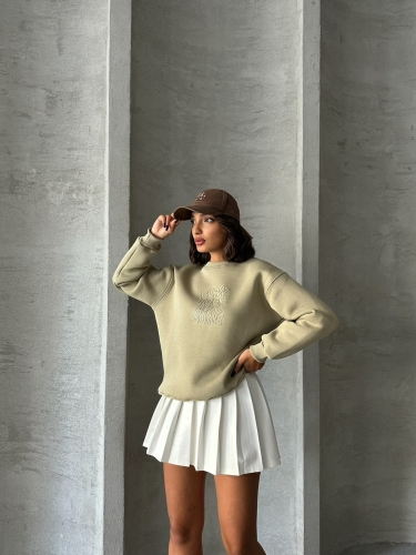 SWT-14272 Haki Born Kabartma Tasarım Yazı Baskılı Üç İplik Şardonlu Oversize Sweatshirt - 1