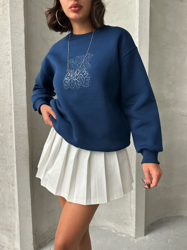 SWT-14272 Lacivert Born Kabartma Tasarım Yazı Baskılı Üç İplik Şardonlu Oversize Sweatshirt 