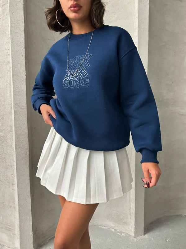 SWT-14272 Lacivert Born Kabartma Tasarım Yazı Baskılı Üç İplik Şardonlu Oversize Sweatshirt - 1