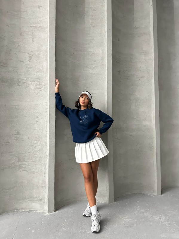 SWT-14272 Lacivert Born Kabartma Tasarım Yazı Baskılı Üç İplik Şardonlu Oversize Sweatshirt - 2