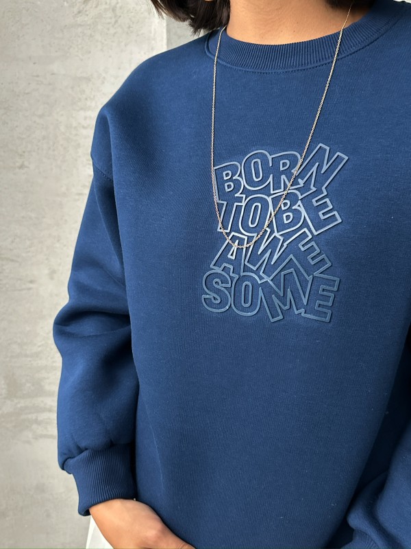 SWT-14272 Lacivert Born Kabartma Tasarım Yazı Baskılı Üç İplik Şardonlu Oversize Sweatshirt - 3