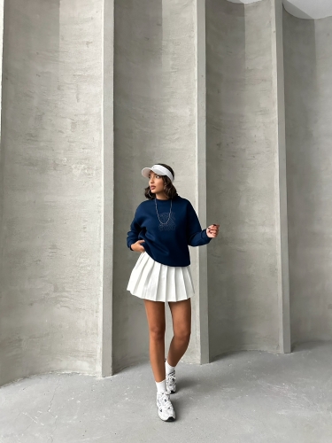 SWT-14272 Lacivert Born Kabartma Tasarım Yazı Baskılı Üç İplik Şardonlu Oversize Sweatshirt - 4