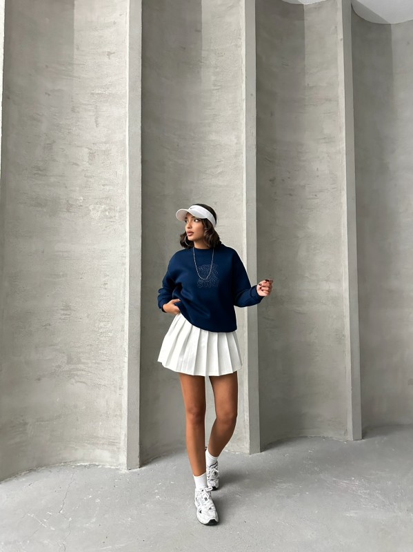 SWT-14272 Lacivert Born Kabartma Tasarım Yazı Baskılı Üç İplik Şardonlu Oversize Sweatshirt - 4
