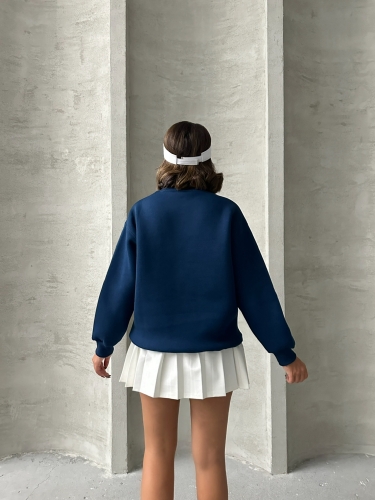 SWT-14272 Lacivert Born Kabartma Tasarım Yazı Baskılı Üç İplik Şardonlu Oversize Sweatshirt - 6