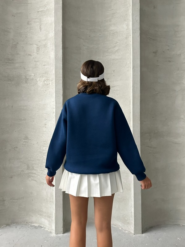 SWT-14272 Lacivert Born Kabartma Tasarım Yazı Baskılı Üç İplik Şardonlu Oversize Sweatshirt - 6