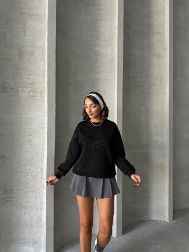 SWT-14272 Siyah Born Kabartma Tasarım Yazı Baskılı Üç İplik Şardonlu Oversize Sweatshirt - 4