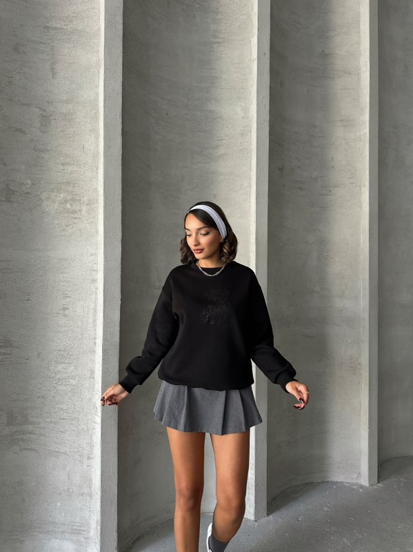SWT-14272 Siyah Born Kabartma Tasarım Yazı Baskılı Üç İplik Şardonlu Oversize Sweatshirt - 4