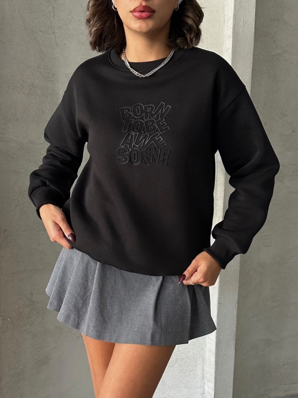 SWT-14272 Siyah Born Kabartma Tasarım Yazı Baskılı Üç İplik Şardonlu Oversize Sweatshirt - 2
