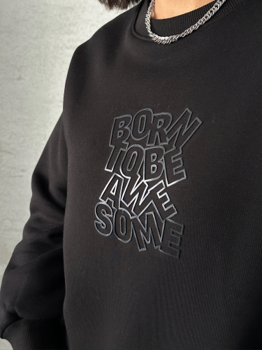 SWT-14272 Siyah Born Kabartma Tasarım Yazı Baskılı Üç İplik Şardonlu Oversize Sweatshirt - 3