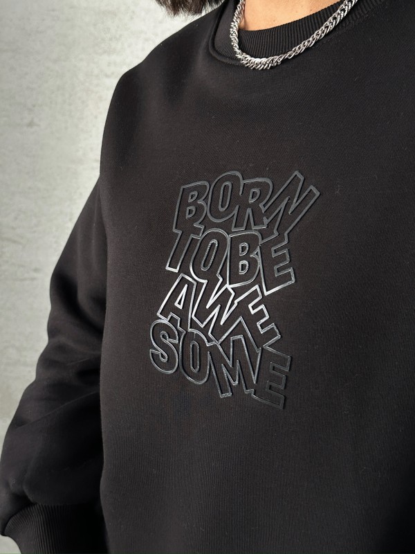 SWT-14272 Siyah Born Kabartma Tasarım Yazı Baskılı Üç İplik Şardonlu Oversize Sweatshirt - 3