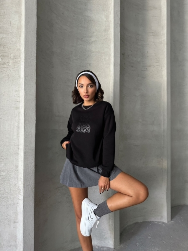 SWT-14272 Siyah Born Kabartma Tasarım Yazı Baskılı Üç İplik Şardonlu Oversize Sweatshirt 